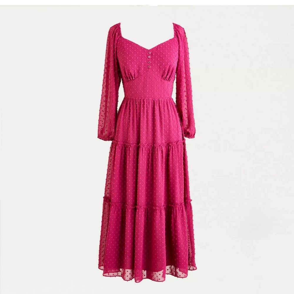 Tiered long-sleeve midi dress in swiss dot